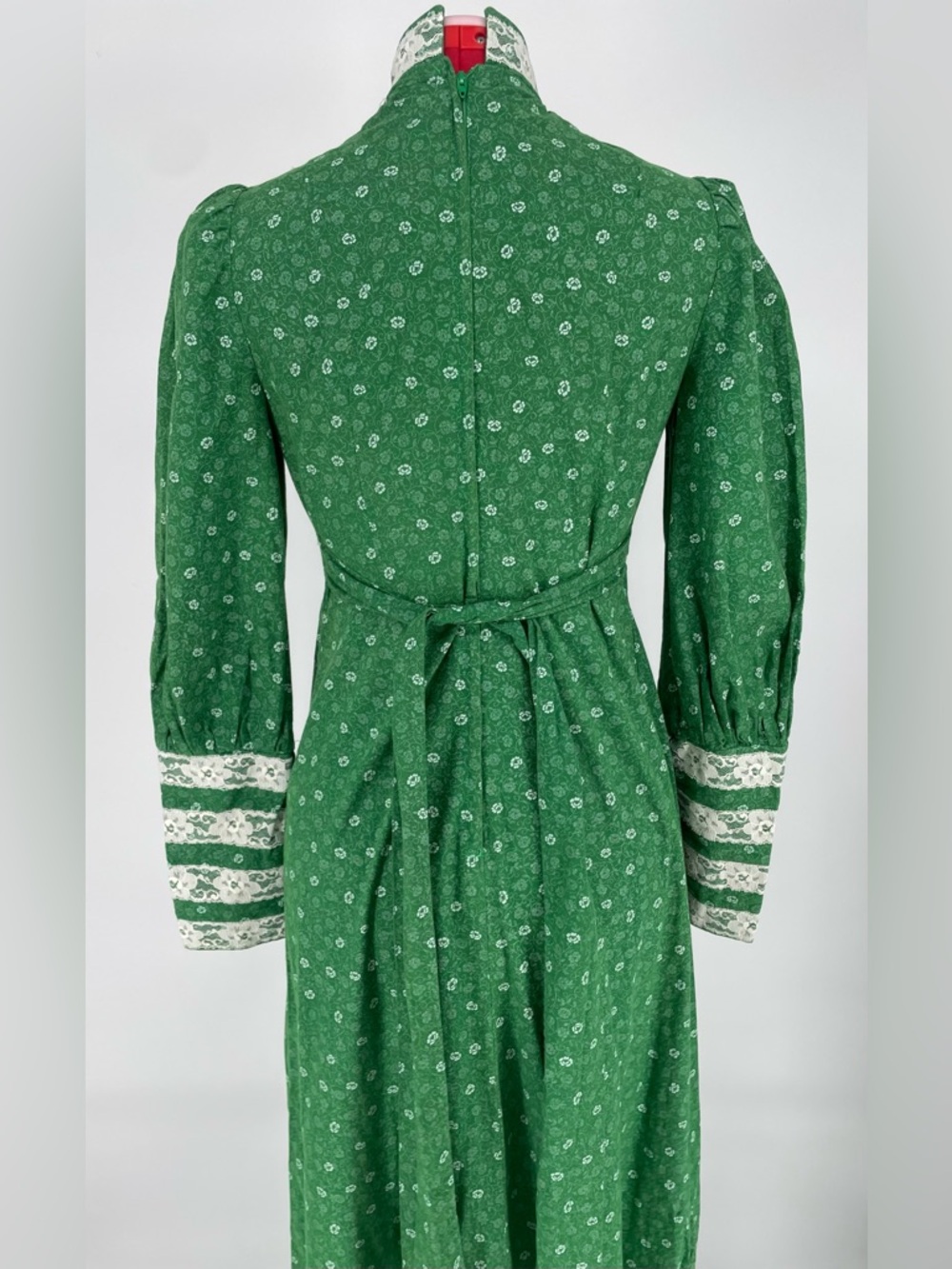1970s Green High Neck Voluminous Long Sleeve Handmade Prairie Dress Lace Accents - Picture 15 of 15